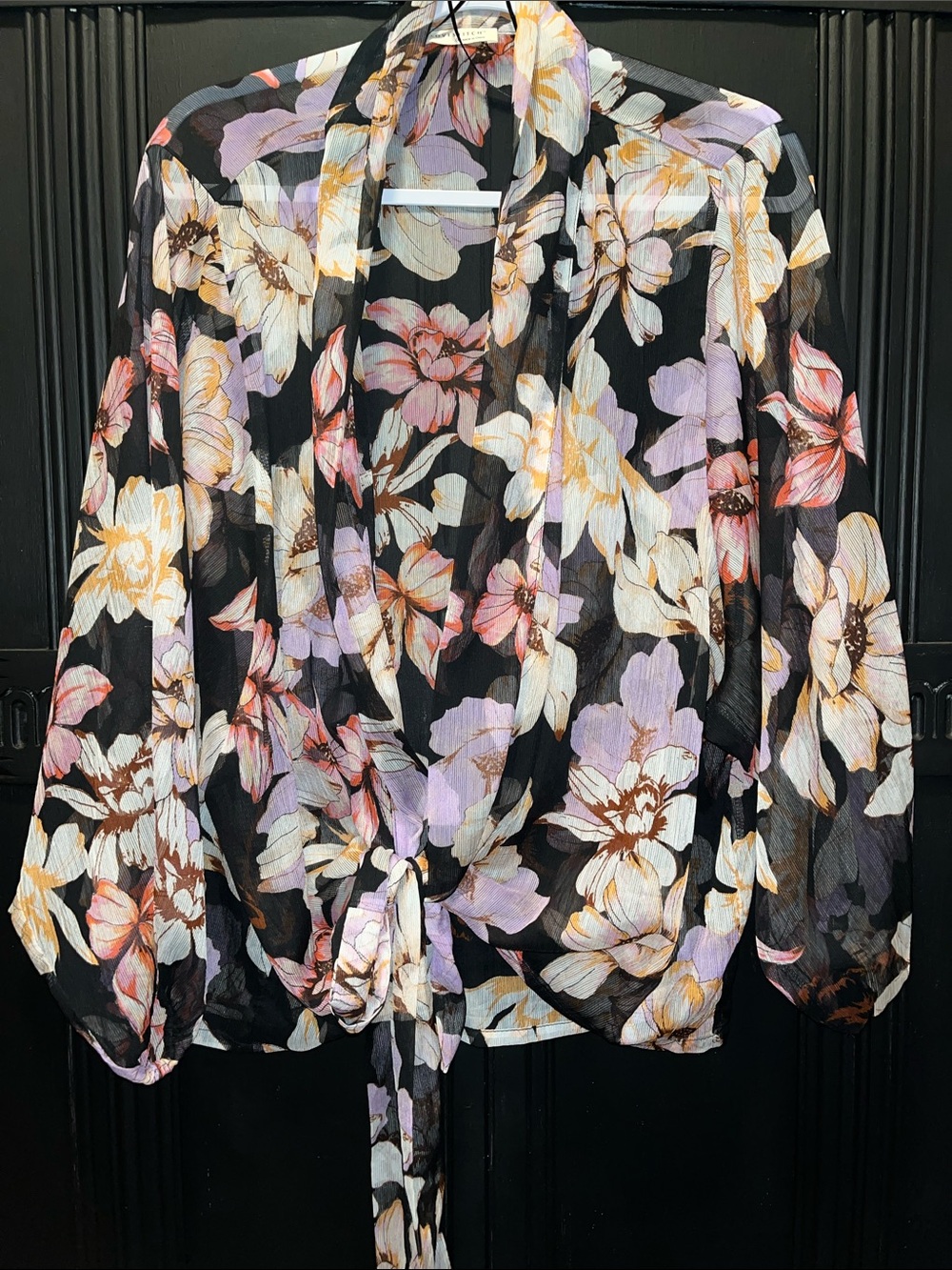 Love Stitch Black Sheer Floral Tie-Front Blouse with Lavender & Cream